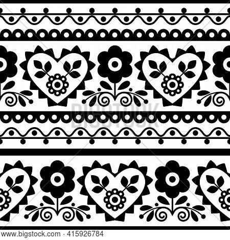 Polish Traditional Vector Black Seamless Pattern With Flowers And Hearts Inspired By Folk Art Embroi