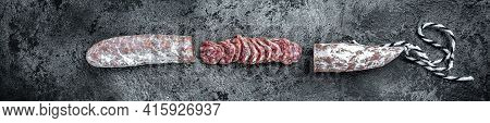Fuets Catalan Dry Sausages. Set Of Spanish Sausages And Dry Cured Meat Chistorra, Chorizo, Salchicho
