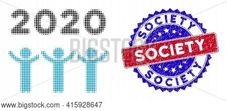 Dot Halftone 2020 Dancing People Icon, And Society Rubber Seal. Society Seal Uses Bicolor Rosette Fo