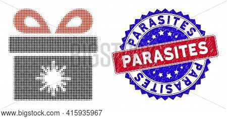 Pixelated Halftone Virus Pandorra Box Icon, And Parasites Stamp Imitation. Parasites Stamp Uses Bico