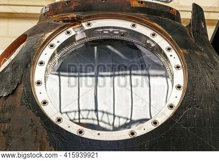Moscow, Russia - November 28, 2018: Burnt land capsule after returning to the Earth in Space museum. Inside The Cosmonautics and Aviation Centre in the Cosmos pavilion of VDNH. Aircraft exhibition