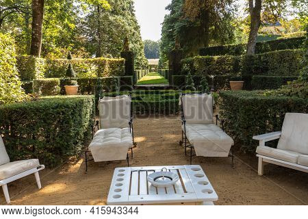 Eyrignac, France - September 2, 2018: The Picturesque Jardins Du Manoir D Eyrignac In Dordogne. Fran