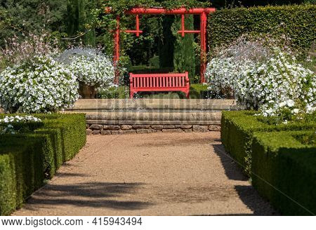 Eyrignac, France - September 2, 2018: White Garden In The Picturesque Jardins Du Manoir D Eyrignac I