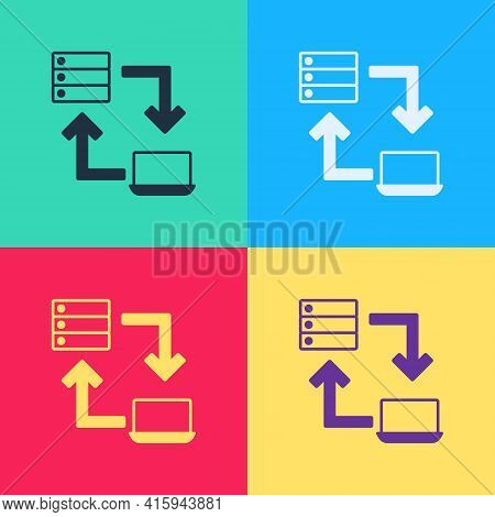 Pop Art Online Working Icon Isolated On Color Background. Freelancer Man Working On Laptop At His Ho