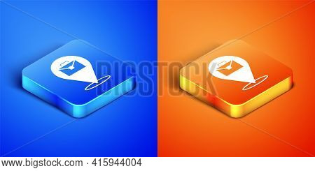 Isometric Online Working Icon Isolated On Blue And Orange Background. Freelancer Man Working On Lapt