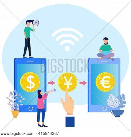 Vector Illustration Of Modern Business Concept Style. Currency Exchange, Online Money Transactions, 
