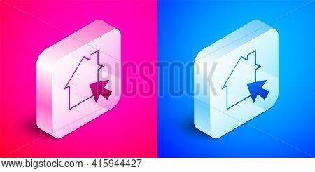 Isometric Online Working Icon Isolated On Pink And Blue Background. Freelancer Man Working On Laptop