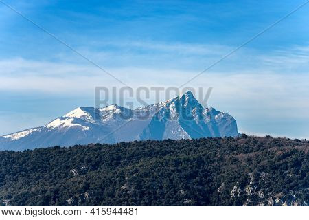 Mountain Peak Of Monte Pizzocolo In Winter With Snow, Also Called The Nose Or The Head Of Napoleon, 