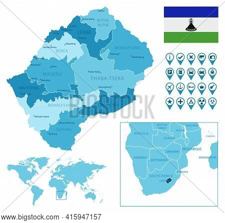 Lesotho Detailed Administrative Blue Map With Country Flag And Location On The World Map. Vector Ill