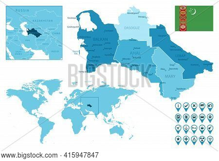 Turkmenistan Detailed Administrative Blue Map With Country Flag And Location On The World Map. Vecto