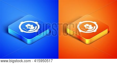 Isometric Headshot Icon Isolated On Blue And Orange Background. Sniper And Marksman Is Shooting On T