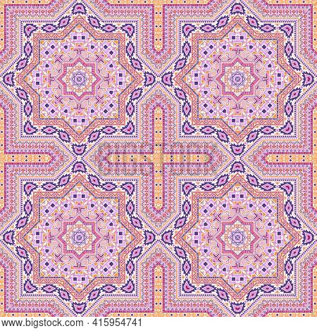 Delicate Victorian Majolica Tile Seamless Pattern. Ethnic Geometric Vector Patchwork. Clothes Print 