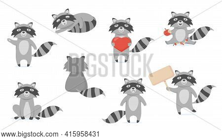 Funny Raccoon Flat Pictures Set For Web Design. Cartoon Cute Racoon Character In Different Poses Iso