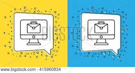 Set Line Online Working Icon Isolated On Yellow And Blue Background. Freelancer Man Working On Lapto