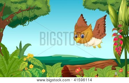 Illustration av en fågel som flyger i skogen