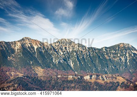 Baldo Mountain (monte Baldo) In Autumn, East Side, Seen From The Lessinia Plateau. Mountain Range Be