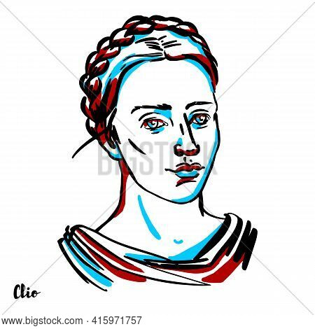 Clio Engraved Vector Portrait With Ink Contours On White Background. In Greek Mythology, Clio Is The