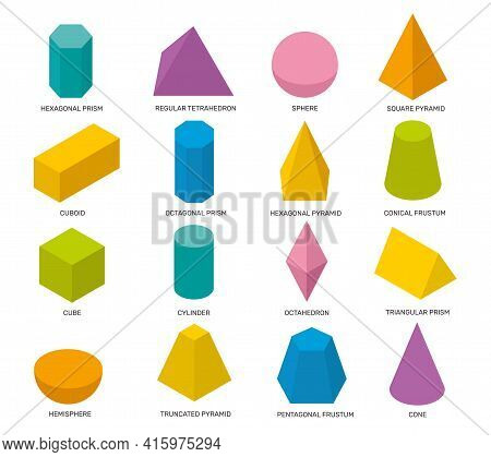 Simple Isometric Shapes. Multicolor Isolated Geometric Elements, Math Objects For School Studying An