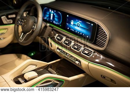 Moscow, Russia - December 24, 2019: Driver's Dashboard Empty Interior Of Light Interior Of Premium S