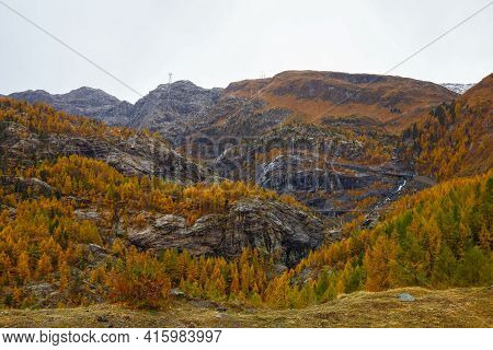 View Of Landscape Furi Mountain In Autumn Season From Cable Car In Zermatt, Swiss