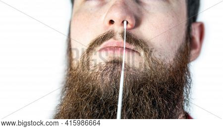 Covid-19 Nasal Swab Test, Taking Nasal Mucus Test Sample, Cotton Swab From The Throat And Nose Isola