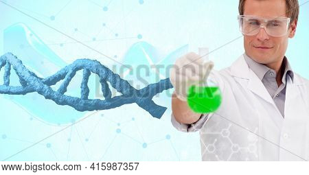 Caucasian male doctor holding a flask against dna structure and network of connections. global networking and medical research technology concept