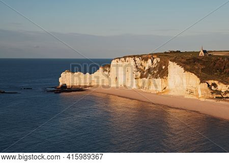 Beautiful White Cliffs Of Etretat At Sunset Light,