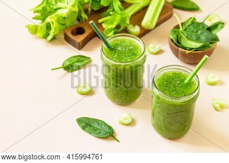 Vegan Smoothie Recipe. Healthy Diet And Nutrition, Vegan And Alkaline Drink. Green Fresh Smoothie Wi