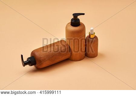 Set Of Wooden Containers Of Different Sizes Isolated On Beige Background. Zero Waste And Eco Conscio