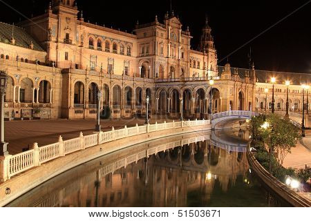 Plaza de Espana in Sevilla at night, Spain. Panoramic reflected in the canal