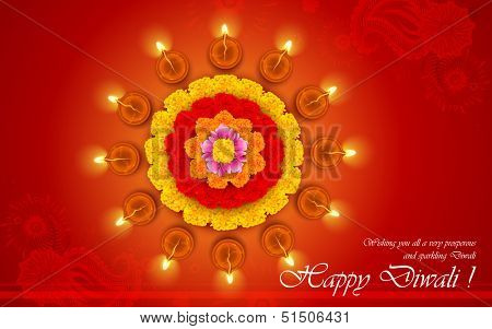 illustration of decorated Diwali diya on flower rangoli