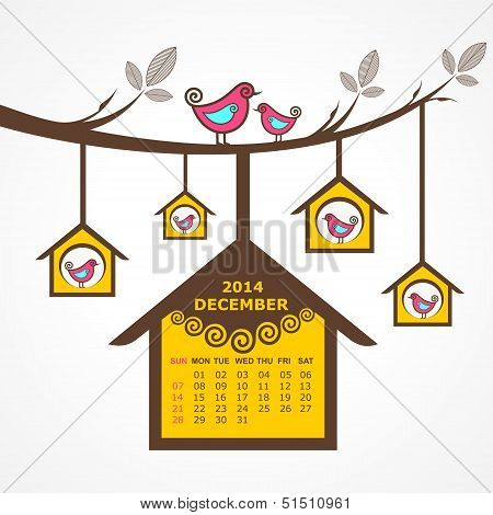 Calendar of December 2014 with birds sit on branch stock vector