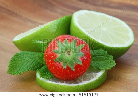 Strawberry, lime and fresh mint leaves
