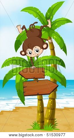 Illustration of a playful monkey at the beach with an arrowboard