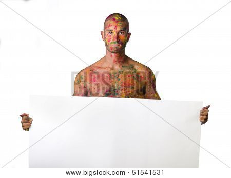 Shirtless Young Man With Skin Painted All Over Holding Blank White Sign