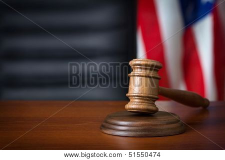 Gavel on court desk 
