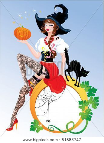 Brunette Pin Up Halloween Girl Wearing Witch Suit And Stockings Carrying Pumpkin With Black Cat. Rou