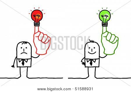 man with green or red light on finger