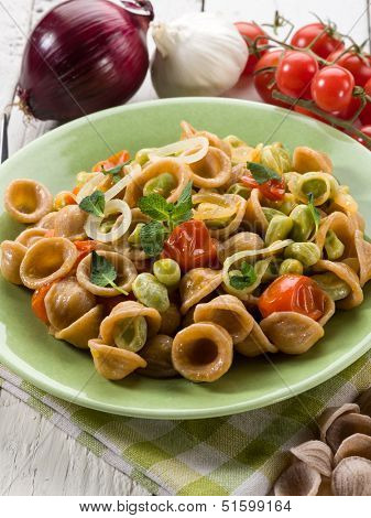 orecchiette with bean broad and fresh tomatoes