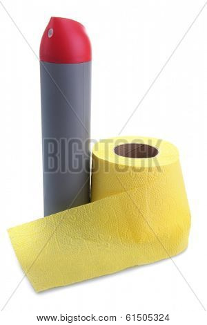 Color toilet paper roll and air fresher. isolated on white
