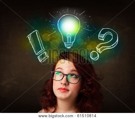 Young preety teenager with hand drawn light bulb illustration
