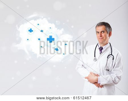 Proffesional doctor listening to abstract cloud with medical signs
