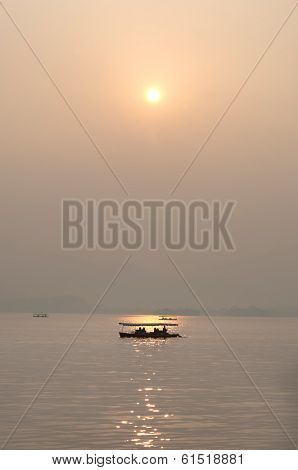 Sunset And Boat Silhouette, West Lake, Hangzhou, China