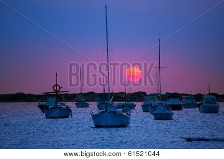 Formentera sunset at Estany des Peix lake in Balearic Islands