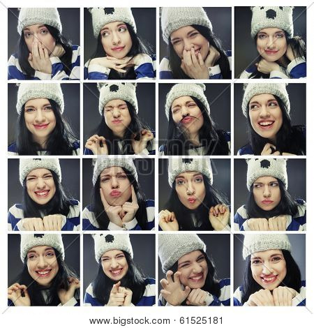 Collage of the same woman in winter hat making diferent expressions.Studio shot. 