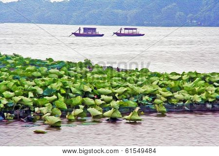 Oil Painting Stylized Photo Of Traditional Chinese Boats Floating On West Lake, Hangzhou, China
