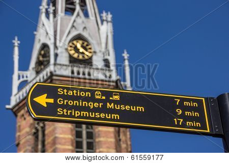 Tourist Sign Near The Jozef Cathedral In Groningen