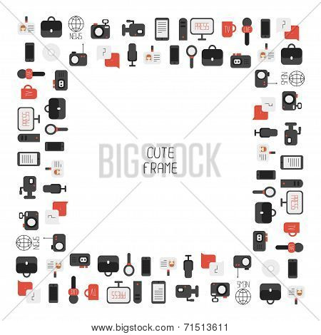 Frame of of flat colorful vector journalism icons. Mass media. Communication. Illustration consists