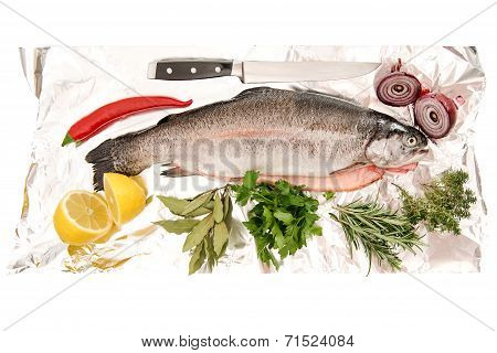 Raw Salmon Trout Fish With Fresh Herbs And Spices