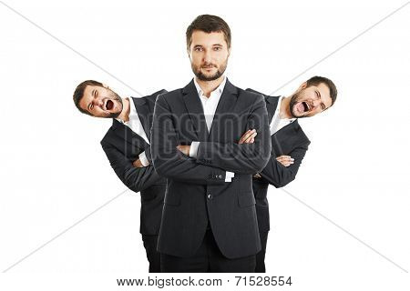 two screaming men behind confident young businessman. isolated on white background
